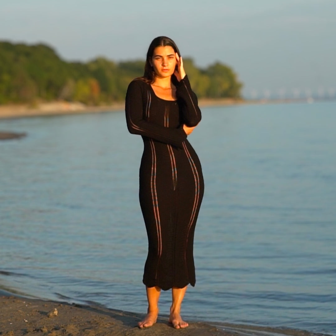 Long Black Boho Knitted Dress