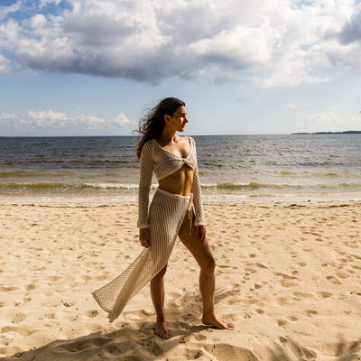 Beige Mesh Crochet Skirt Set