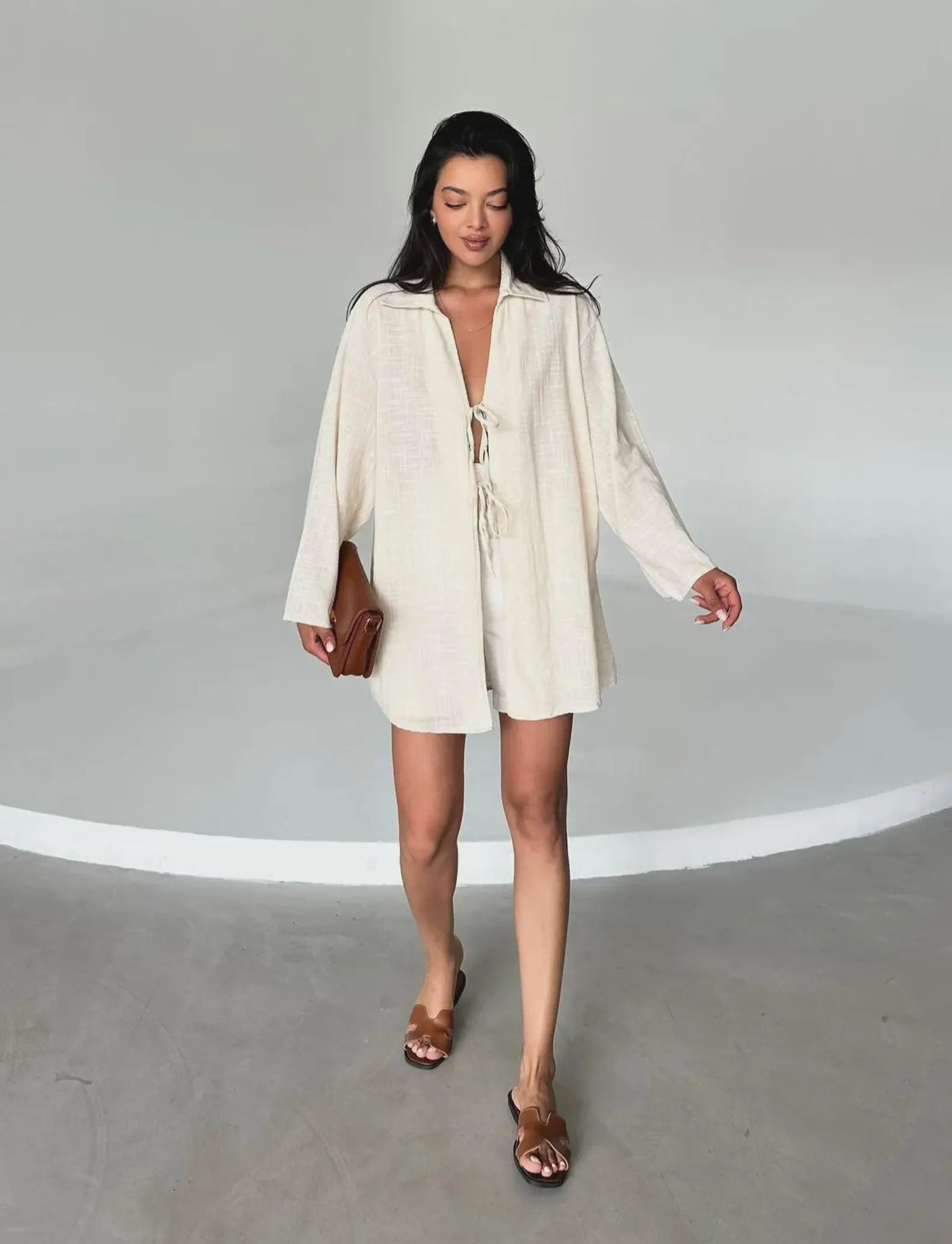 100% Linen Tie Front Oversized Shirt