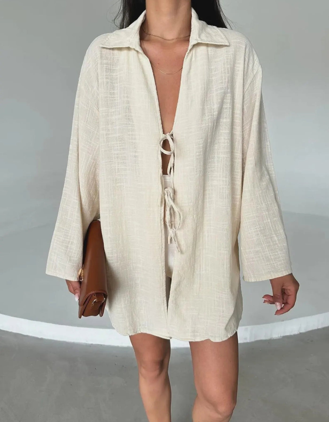 100% Linen Tie Front Oversized Shirt