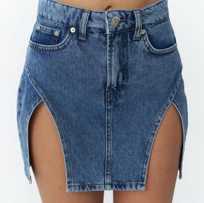 Denim Mini Skirt with Double Side Slits