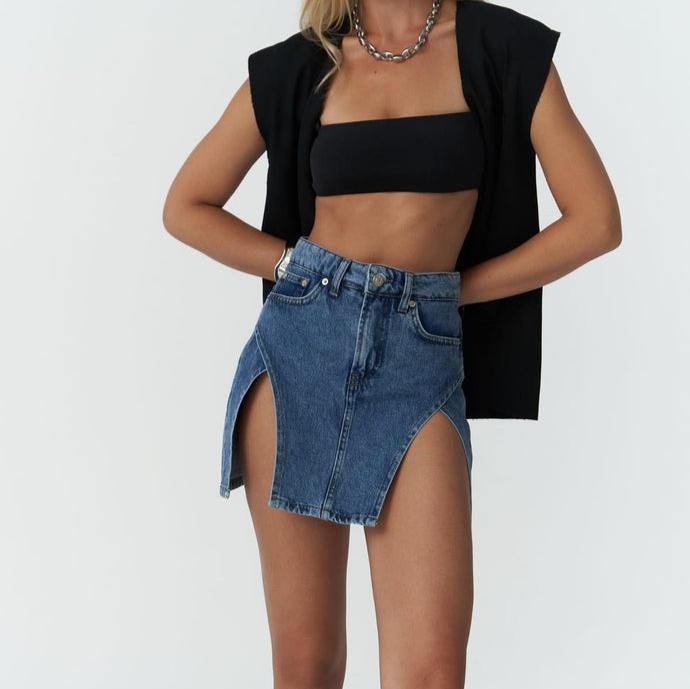 Denim Mini Skirt with Double Side Slits