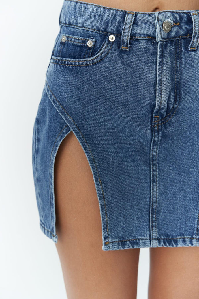 Denim Mini Skirt with Double Side Slits