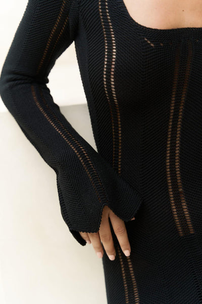 Long Black Boho Knitted Dress